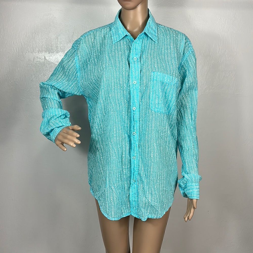 Fresh Produce Aquamarine Color Cotton V-Pattern Button Down Shirt Tunic Size M